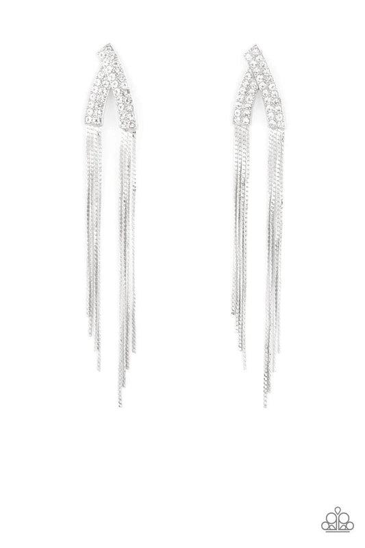 Paparazzi Accessories It Takes Two To TASSEL - White Encrusted in double rows of glassy white rhinestones, two glistening silver frames overlap into a v-shaped frame. Flat silver chains stream from the bottom of the glittery frame, creating an edgy tassel