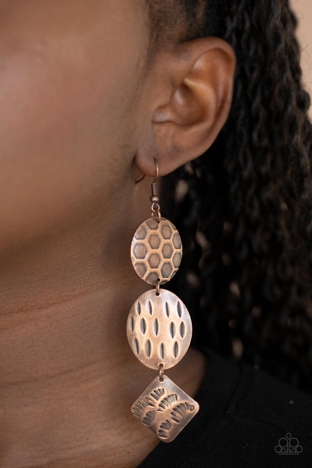 Paparazzi Accessories Mixed Movement - Copper Featuring a variety of earthy textures, three mismatched copper frames delicately link into a free-spirited stacked lure. Earring attaches to a standard fishhook fitting. Sold as one pair of earrings. Jewelry