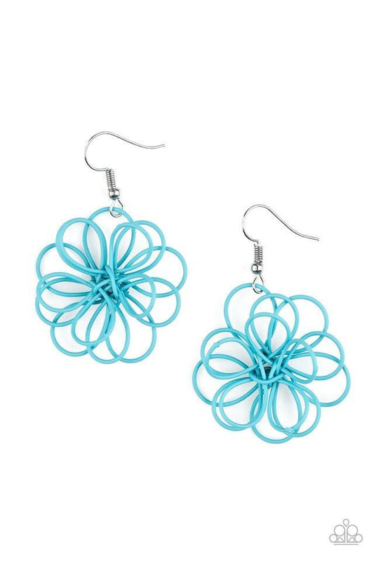 Paparazzi Accessories Midsummer Magic - Blue Brushed in a refreshing blue finish, intricate wires are shaped as petals and knotted in the center to create a small delicate silhouette of a daisy. Earring attaches to a standard fishhook fitting. Sold as one