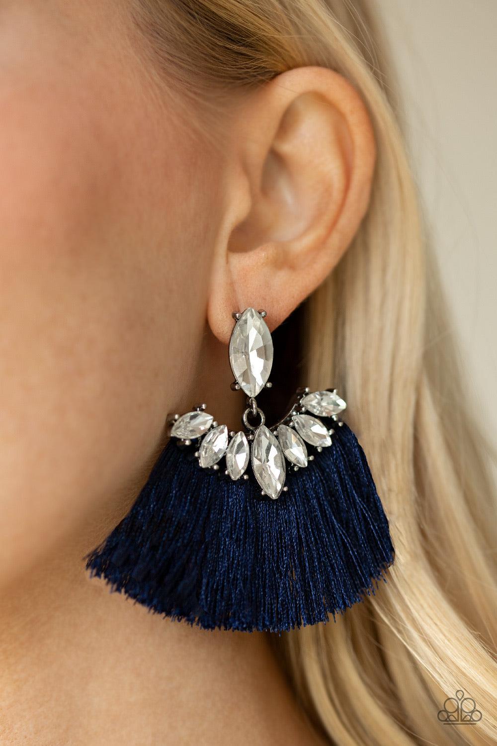 Paparazzi Accessories Formal Flaire - Blue A solitaire marquise -cut rhinestone gives way to a plume of shiny blue thread crowned in a matching rhinestone encrusted fringe for a glamorous look. Earring attaches to a standard post fitting. Jewelry