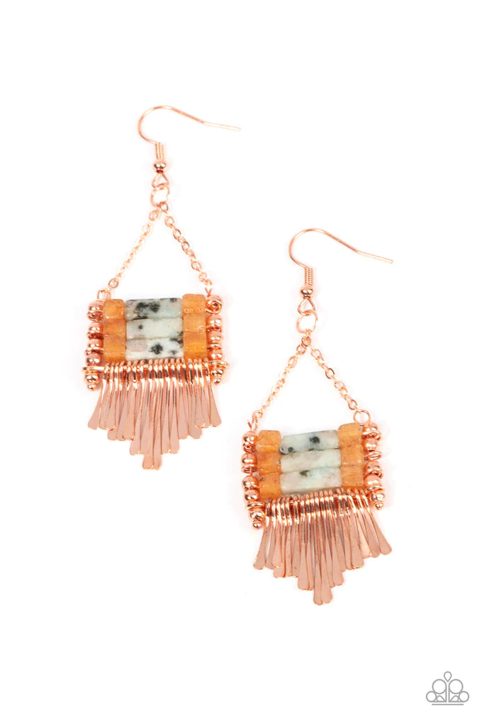 Paparazzi Accessories Riverbed Bounty - Copper Flared shiny copper rods swing from the bottom of a stacked row of natural and speckled stones, resulting in an earthy chandelier. Earring attaches to a standard fishhook fitting. Sold as one pair of earrings