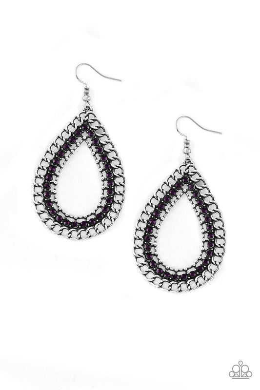 Paparazzi Accessories Mechanical Marvel - Purple Antiqued chain links spin around a row of glittery purple rhinestones, coalescing into an edgy silver teardrop. Earring attaches to a standard fishhook fitting. Jewelry