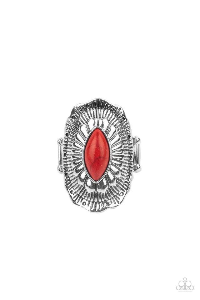 Paparazzi Accessories Ornamental Allure - Red Featuring a marquise shaped red stone, an ornately engraved silver frame makes a dramatic backdrop creating an eye-catching statement atop the finger. Features a stretchy band for a flexible fit. Jewelry