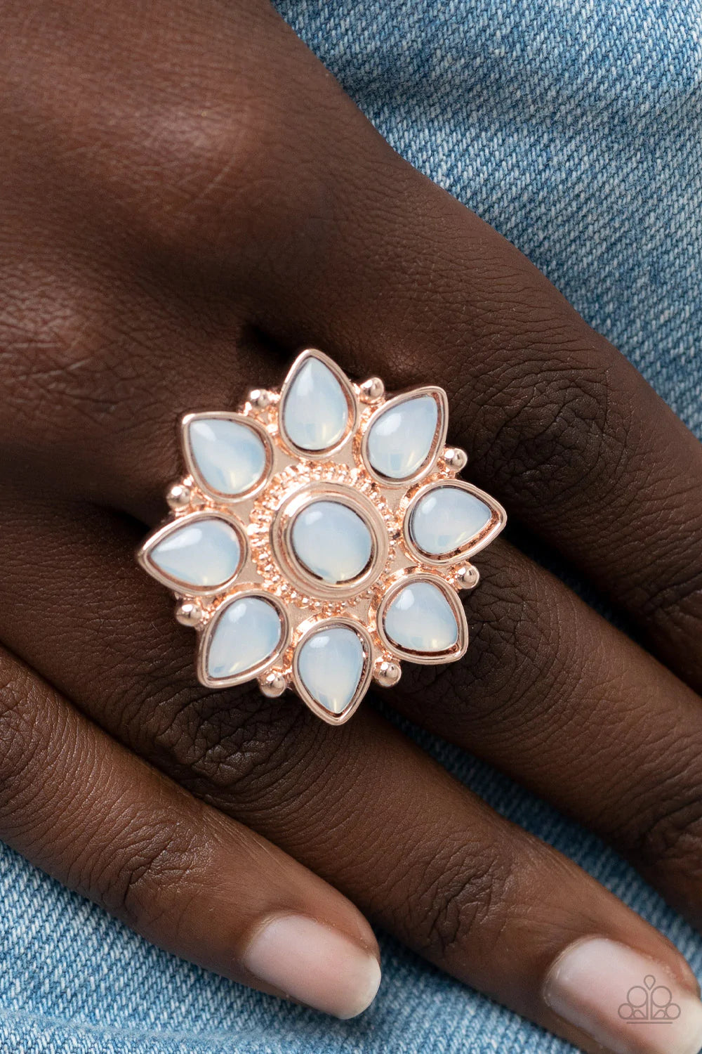 Paparazzi Accessories Enchanted Orchard - Gold Dewy opal teardrop beads bloom from a matching oval beaded center, resulting in an ethereal floral pattern atop a studded rose gold backdrop. Features a stretchy band for a flexible fit. Sold as one individua