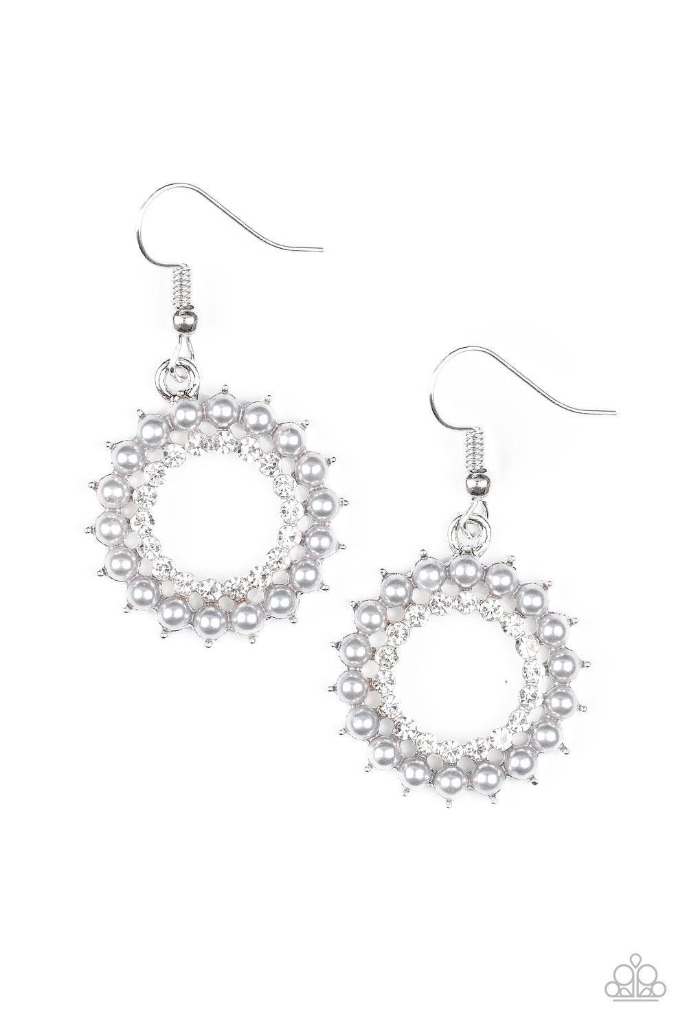 Paparazzi Accessories Wreathed in Radiance - Silver Dainty silver pearls spin around a radiant white rhinestone center, coalescing into a refined hoop. Earring attaches to a standard fishhook fitting. Earrings