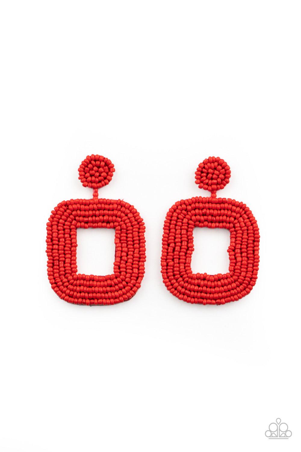 Paparazzi Accessories Beaded Bella - Red Fiery rows of dainty red seed beads adorn the front of a rounded square frame at the bottom of a matching beaded fitting, creating a blissfully beaded look. Earring attaches to a standard post fitting. Sold as one