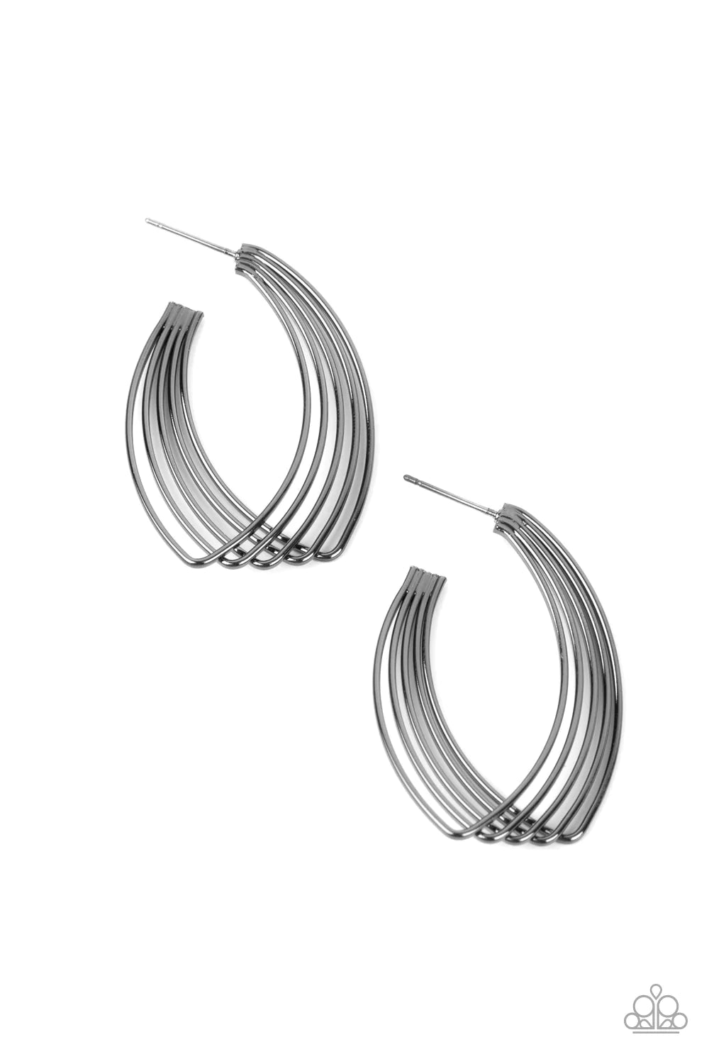 Paparazzi Accessories Industrial Illusion - Black A shiny collection of dainty gunmetal wires twist and layer into a hook shaped frame, creating an edgy illusion. Earring attaches to a standard post fitting. Hoop measures approximately 1" in diameter. Sol