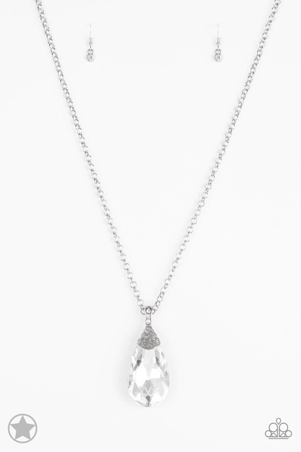 Paparazzi Accessories Spellbinding Sparkle - White Infused with an elegantly elongated silver chain, a dramatic teardrop gem swings from the bottom of a white rhinestone encrusted silver fitting, creating a hypnotic pendant. Features an adjustable clasp c