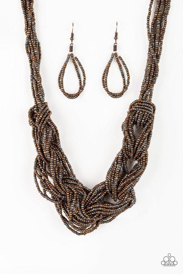 Paparazzi Accessories City Catwalk - Copper Brushed in a flashy finish, countless strands of copper and gunmetal seed beads weave into a bulky square braid below the collar for a glamorous look. Features an adjustable clasp closure. Sold as one individual