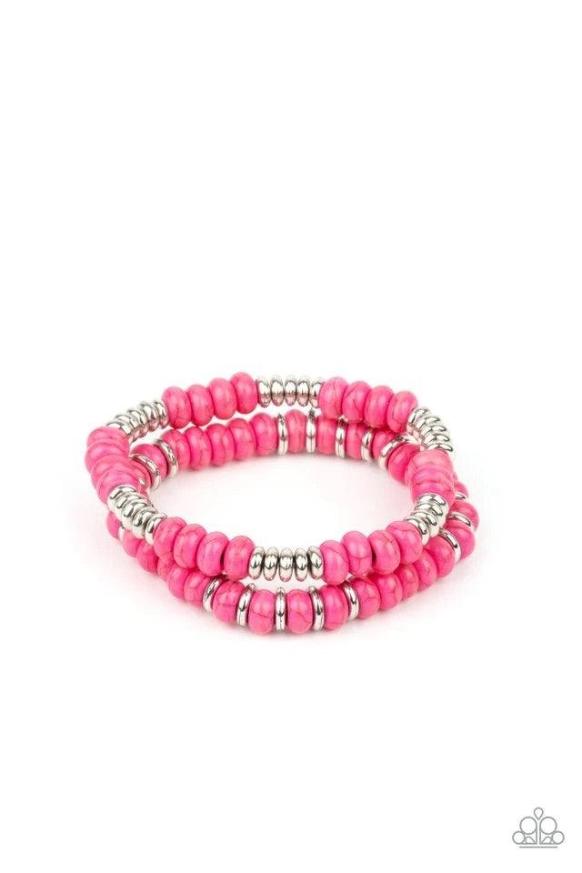 Paparazzi Accessories Desert Rainbow - Pink Dainty silver discs and vivacious pink stone discs are threaded along stretchy bands around the wrist, creating mismatched layers. Bubble gum pink with silver bead accents make this piece fun and flirty. Jewelry