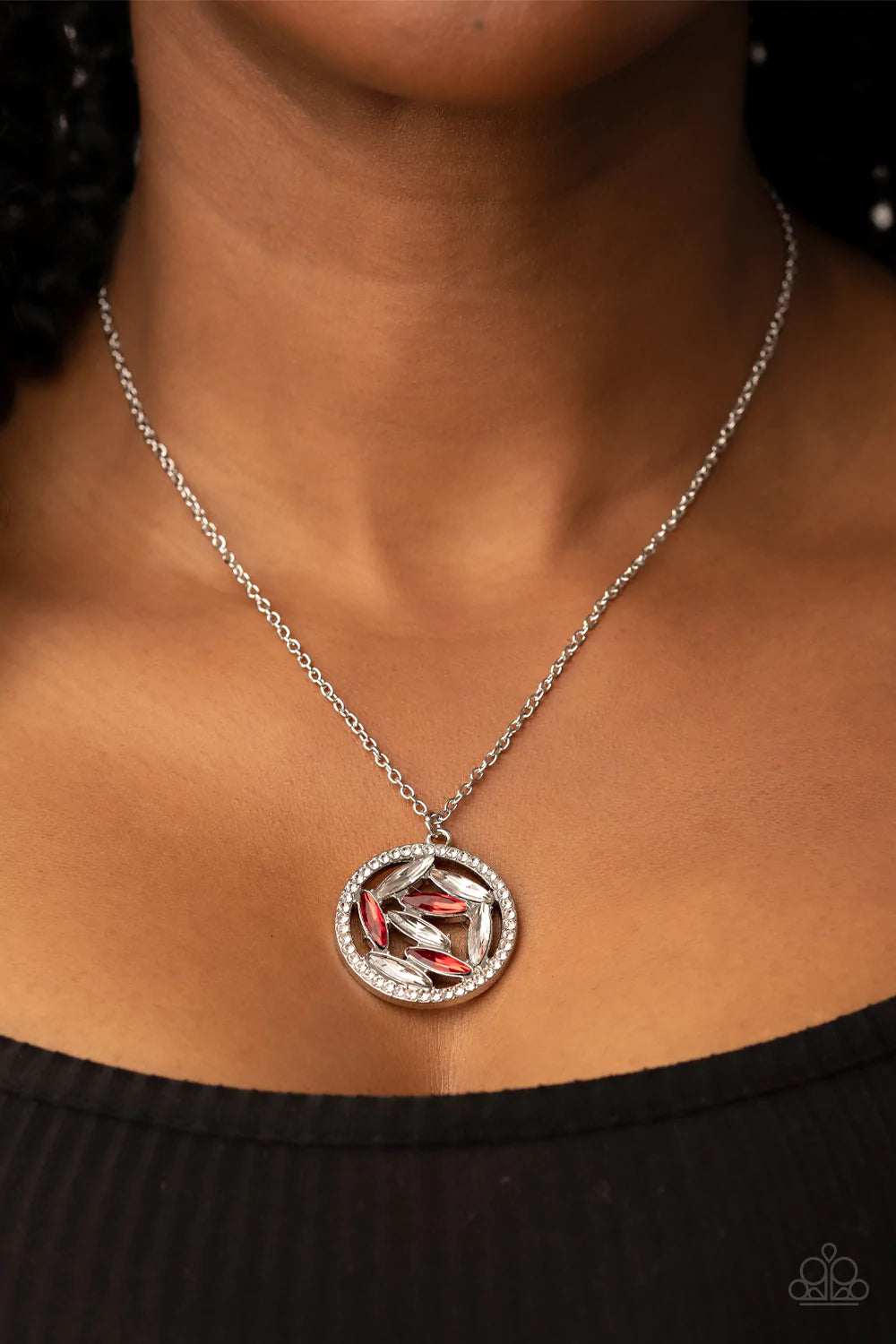 Paparazzi Accessories Head-Spinning Sparkle - Red A glitzy series of smoky, red, and white marquise cut rhinestones collect inside a silver ring dotted in dainty white rhinestones, resulting in a sparkly pendant at the bottom of a dainty silver chain. Fea