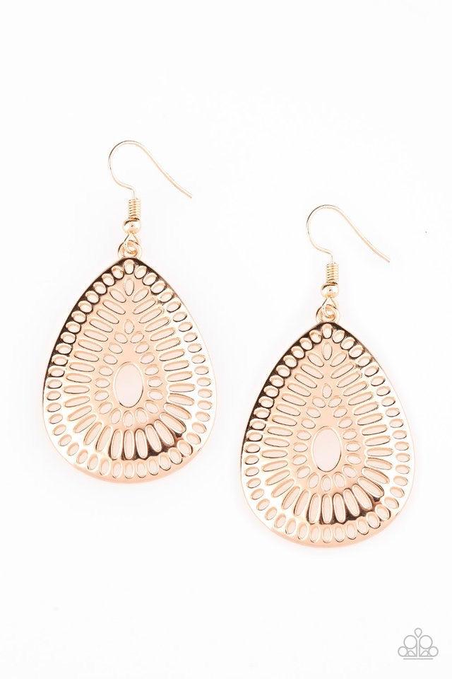 Paparazzi Accessories You Look GRATE - Gold Rippling with grate-like stenciled detail, a shiny gold teardrop frame swings from the ear for a seasonal look. Earring attaches to a standard fishhook fitting. Jewelry