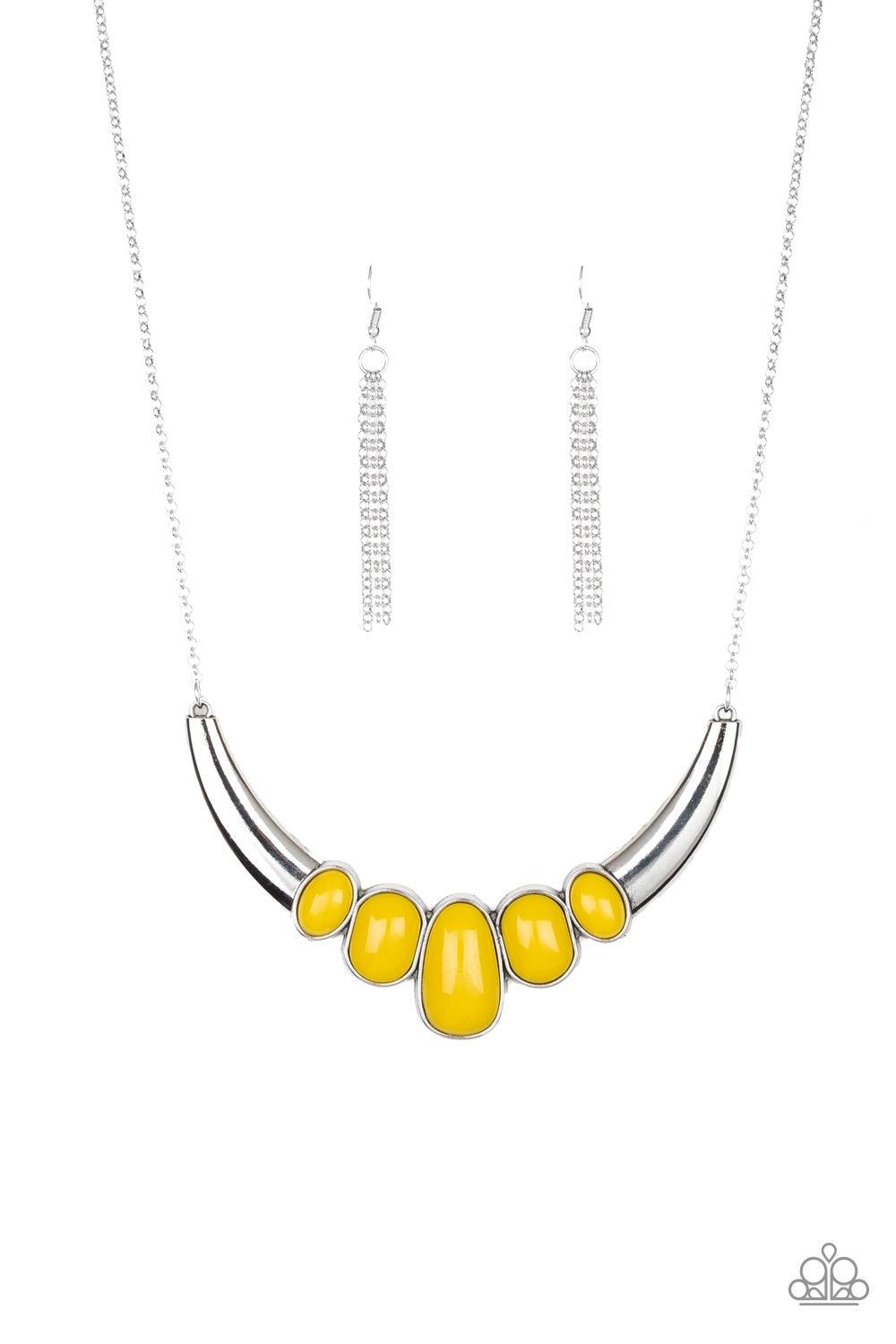 Paparazzi Accessories A BULL House - Yellow Gradually increasing in size at the center, a collection of abstract yellow beads are pressed into a shimmery half-moon frame, creating a colorful statement piece below the collar. Features an adjustable clasp c