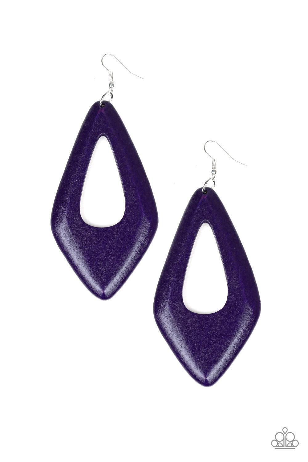 Paparazzi Accessories A Shore Bet - Purple Brushed in a shiny purple finish, a bold wooden frame swings from the ear for a seasonal look. Earring attaches to a standard fishhook fitting. Jewelry