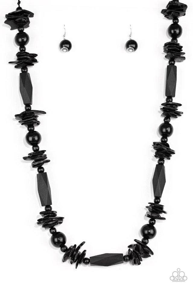 Paparazzi Accessories Cozumel Coast - Black Featuring round, faceted, and distressed finishes, mismatched black wooden beads are threaded along shiny black cording for a summery look. Features an adjustable sliding knot closure. Sold as one individual nec