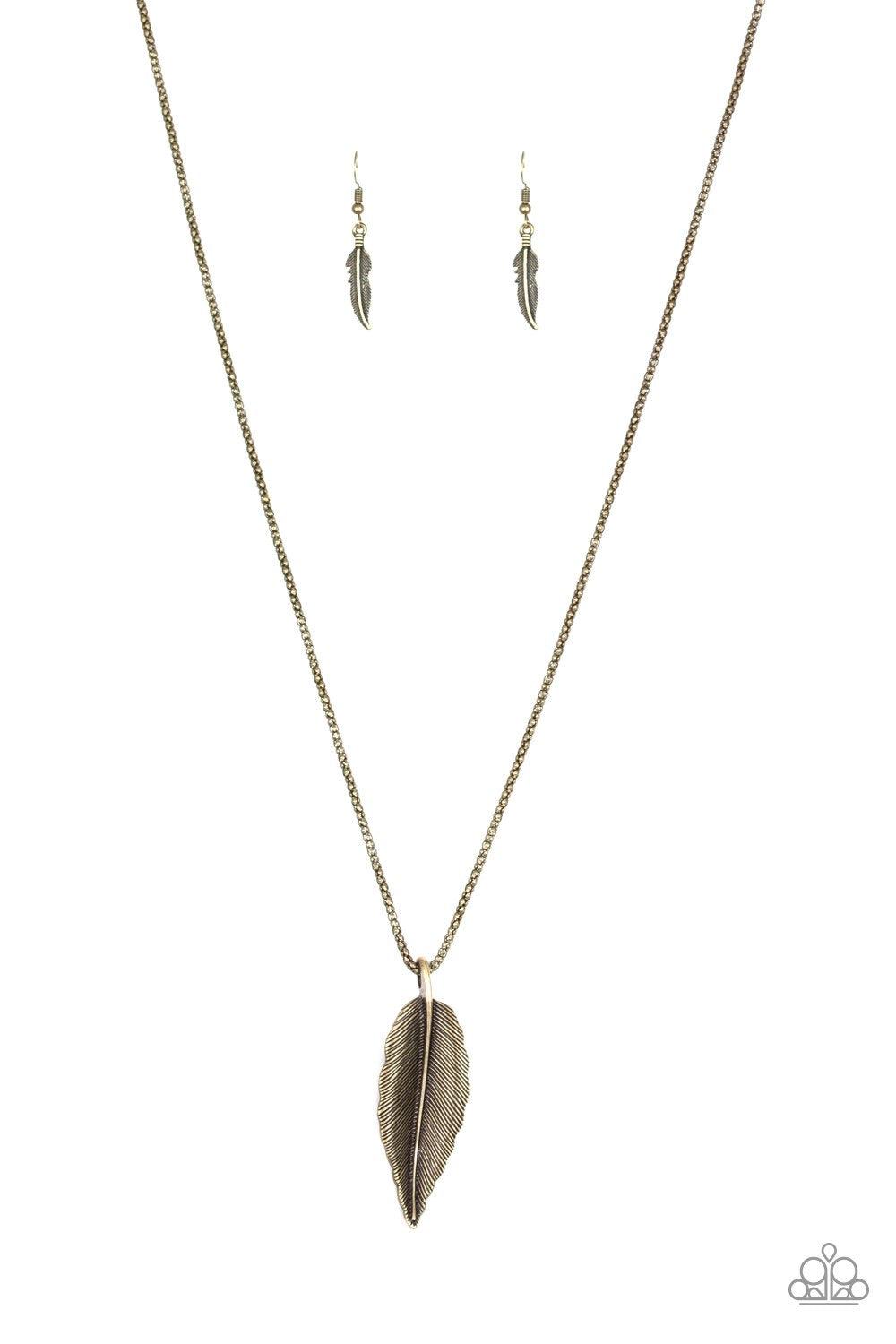 Paparazzi Accessories Feather Forager - Brass Featuring lifelike textures, a glistening brass feather pendant swings from the bottom of a lengthened brass popcorn chain for a seasonal look. Features an adjustable clasp closure. Jewelry