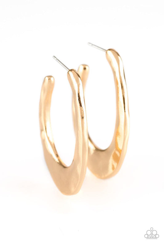 Paparazzi Accessories HOOP Me Up! - Gold Delicately hammered in shimmery textures, an asymmetrical hoop curls around the ear for an edgy look. Earring attaches to a standard post fitting. Hoop measures 1" in diameter. Jewelry