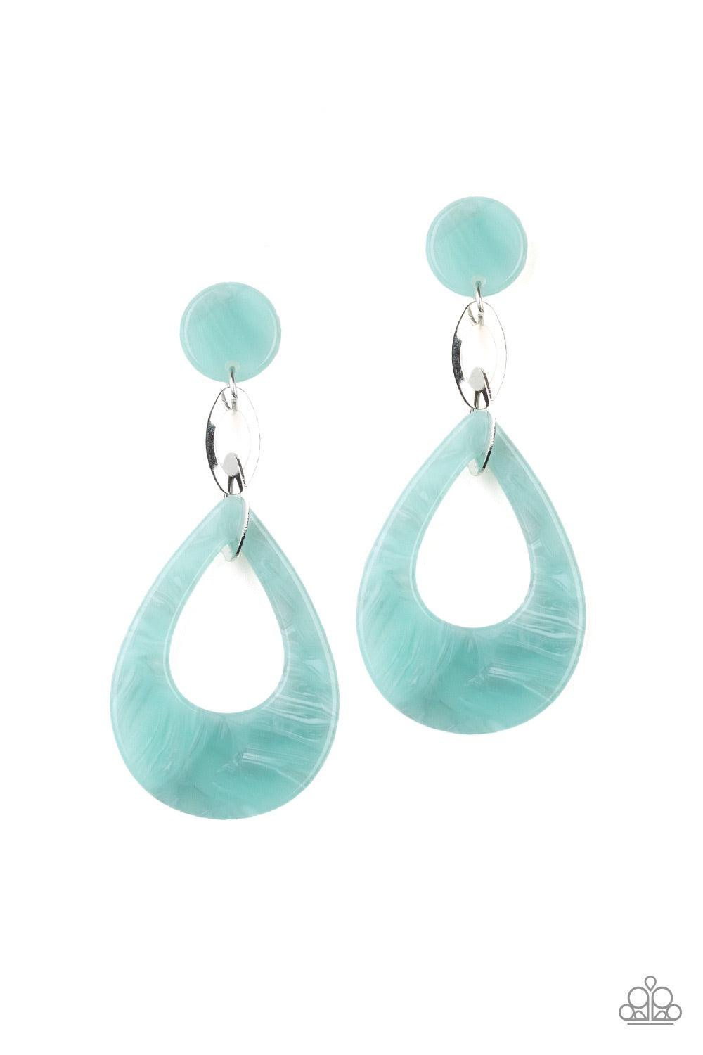 Paparazzi Accessories Beach Oasis - Blue Brushed in a faux marble finish, a blue acrylic teardrop links to a matching acrylic fitting as it swings from the ear for a summery look. Earring attaches to a standard post fitting. Jewelry