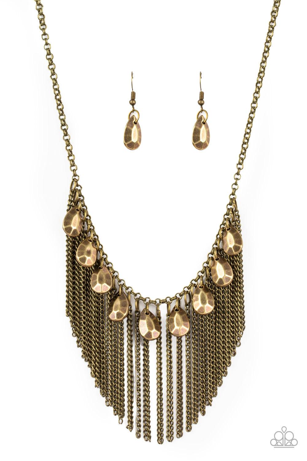 Paparazzi Accessories Bragging Rights - Brass A row of faceted brass teardrops and free-falling brass chains drape below the collar, creating a dramatic fringe for a show-stopping style. Features an adjustable clasp closure. Jewelry