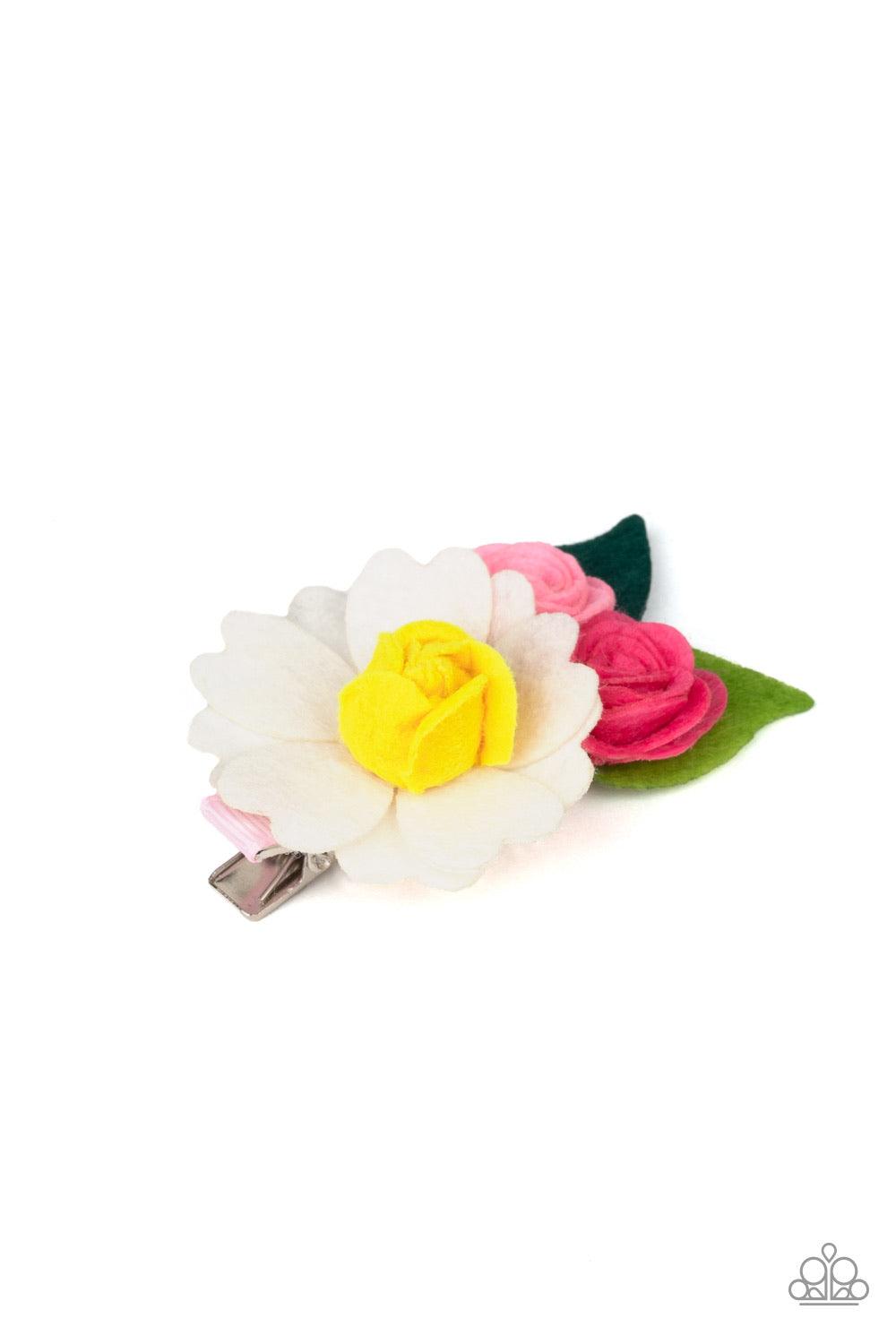 Paparazzi Accessories Flower Patch Posh - Multi Colorful felt flowers bloom atop a leafy backdrop for a whimsical look. Features a standard hair clip. Hair Accessories