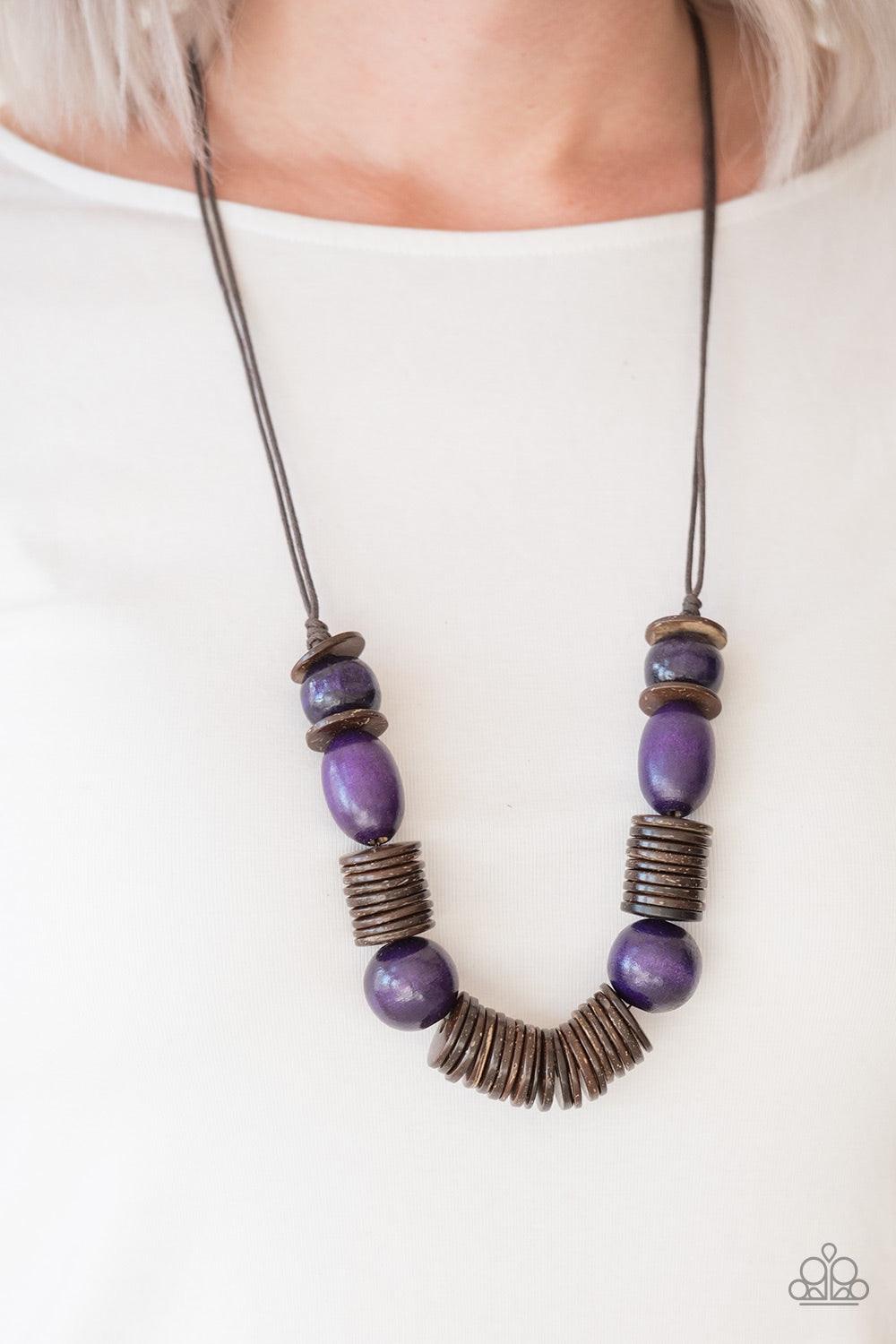 Paparazzi Accessories You Better BELIZE It ~Purple Brushed in a vibrant finish, purple wooden beads and brown wooden discs are threaded along shiny brown cording for a summery look. Features an adjustable sliding knot closure. Jewelry