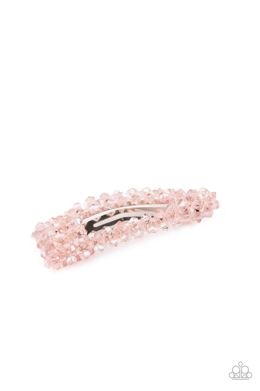 Paparazzi Accessories Just Follow the Glitter - Pink Faceted pink crystal-like beads bedazzle the front of a silver hair clip, creating a glittering piece. Features a standard snap hair clip on the back. Sold as one individual hair clip. Hair Accessories
