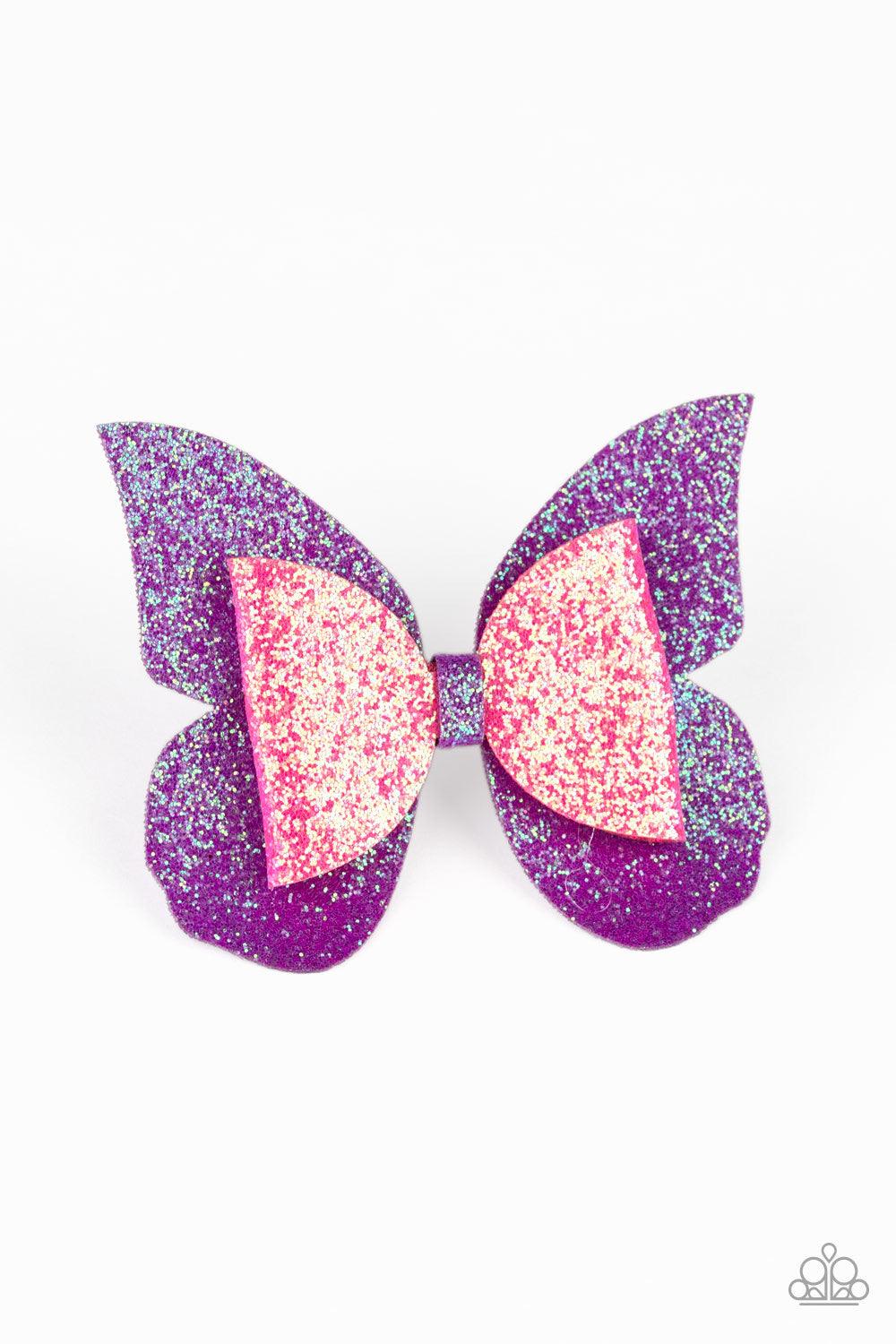 Paparazzi Accessories Butterfly Bouquet - Purple Dusted in sparkle, glittery pink and purple fabric delicately knots into a butterfly-shaped bow. Features a standard hair clip on the back. Jewelry
