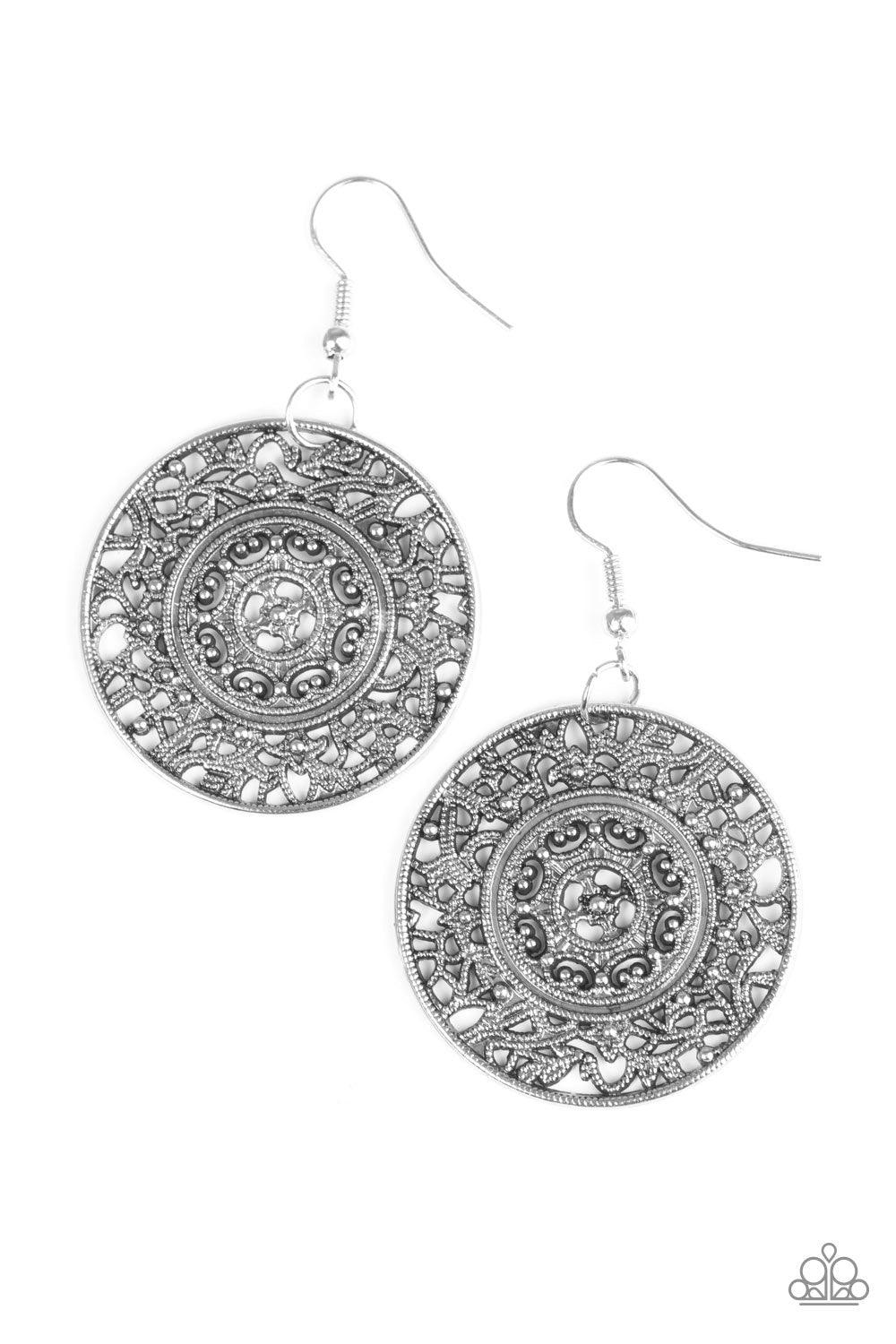 Paparazzi Accessories Say You WHEEL - Silver Brushed in an antiqued shimmer, dotted vine-like filigree swirls around a round frame for a tribal inspired look. Earring attaches to a standard fishhook fitting. Jewelry