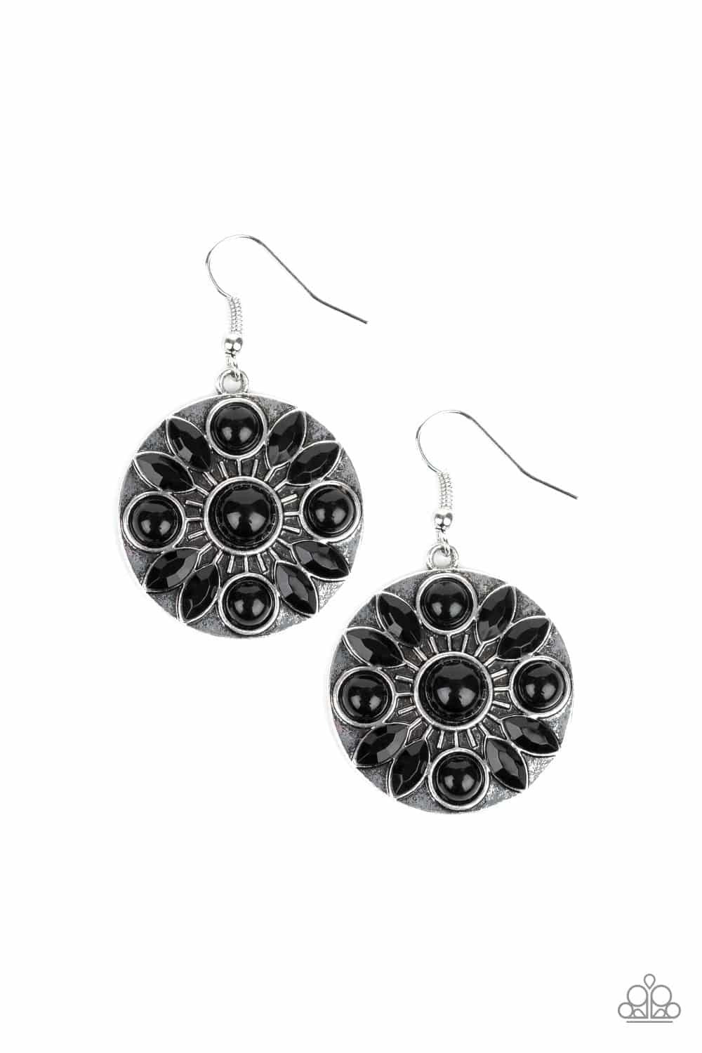 Paparazzi Accessories Petal Paradise - Black A collection of black beads and glittery black marquise style rhinestones swirl around the center of a shimmery silver disc, coalescing into a whimsical floral frame. Earring attaches to a standard fishhook fit