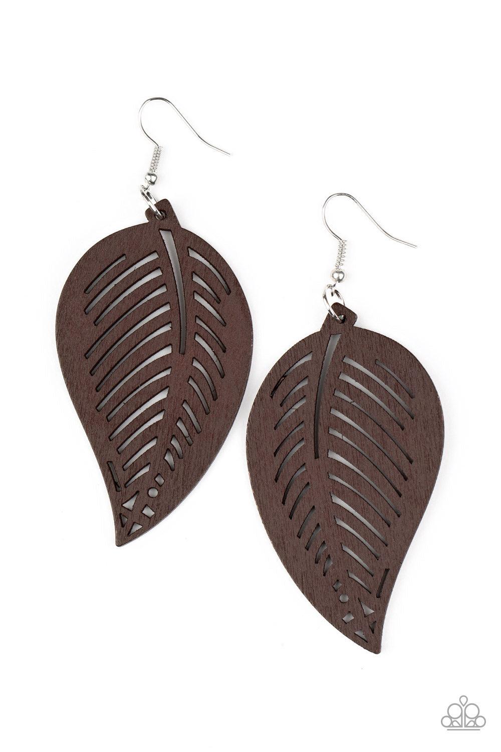 Paparazzi Accessories Tropical Foliage - Brown Brushed in a neutral brown finish, a wooden frame is delicately cut into an airy leaf pattern for a seasonal flair. Earring attaches to a standard fishhook fitting. Sold as one pair of earrings. Jewelry