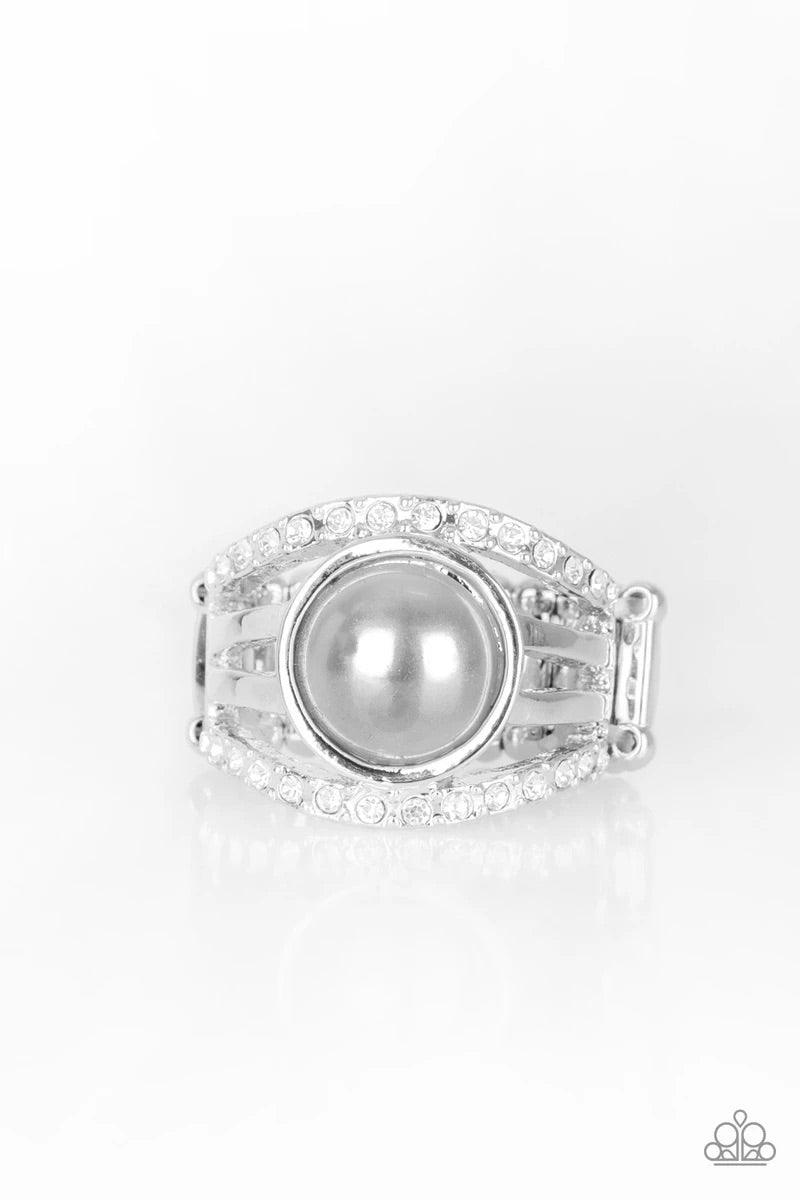 Paparazzi Accessories A Big Break - Silver Radiating with glassy white rhinestones, row after row of glittering silver bars arc across the finger. A pearly silver bead is pressed into the center of the layered bands, adding a dramatically refined finish t