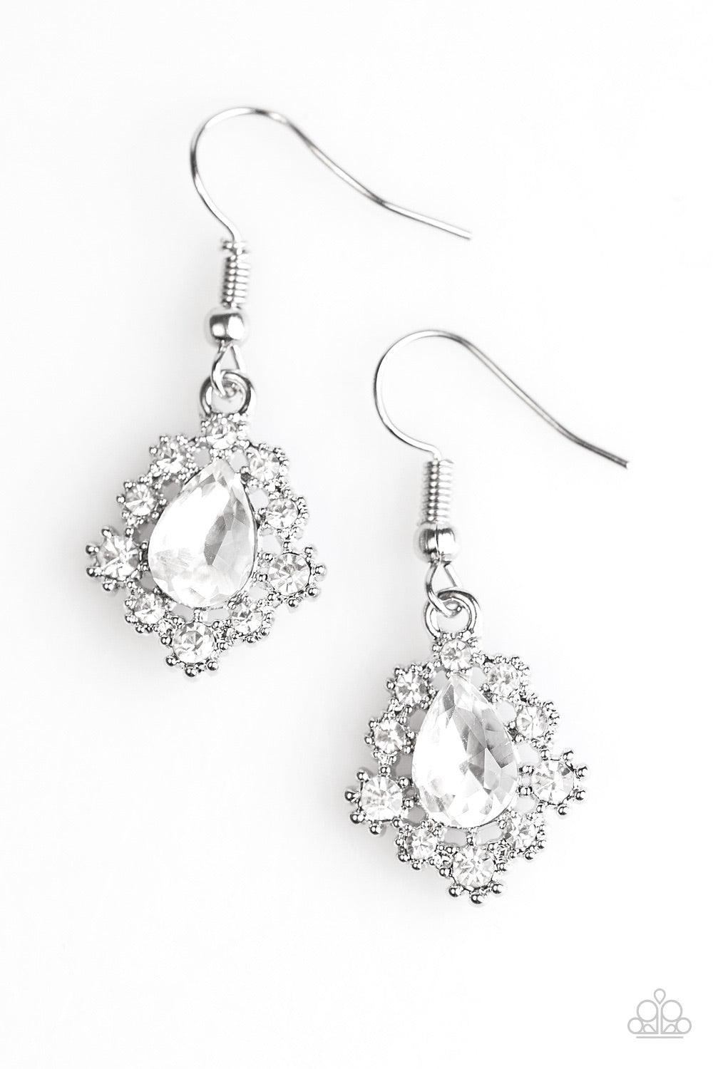 Paparazzi Accessories Rich And Regal - White Dainty white rhinestones dance around a shimmery white teardrop, creating a regal frame. Earring attaches to a standard fishhook fitting. Jewelry