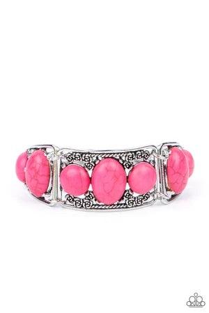 Paparazzi Accessories Southern Splendor Pink | Red stones are encrusted along the center of antiqued silver frames dotted with dainty rosebuds as they delicately connect into an adjustable cuff-like display around the wrist. Features an adjustable clasp c