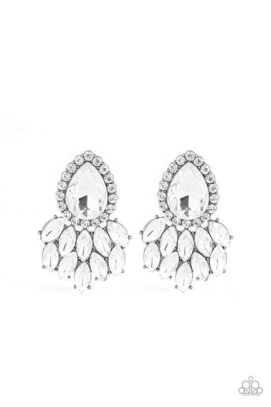 Paparazzi Accessories A Breath of Fresh HEIR - Black Glassy white marquise style rhinestones cascade from the bottom of a dramatically oversized white teardrop gem, coalescing into a regal frame. Earring attaches to a standard post fitting. Jewelry