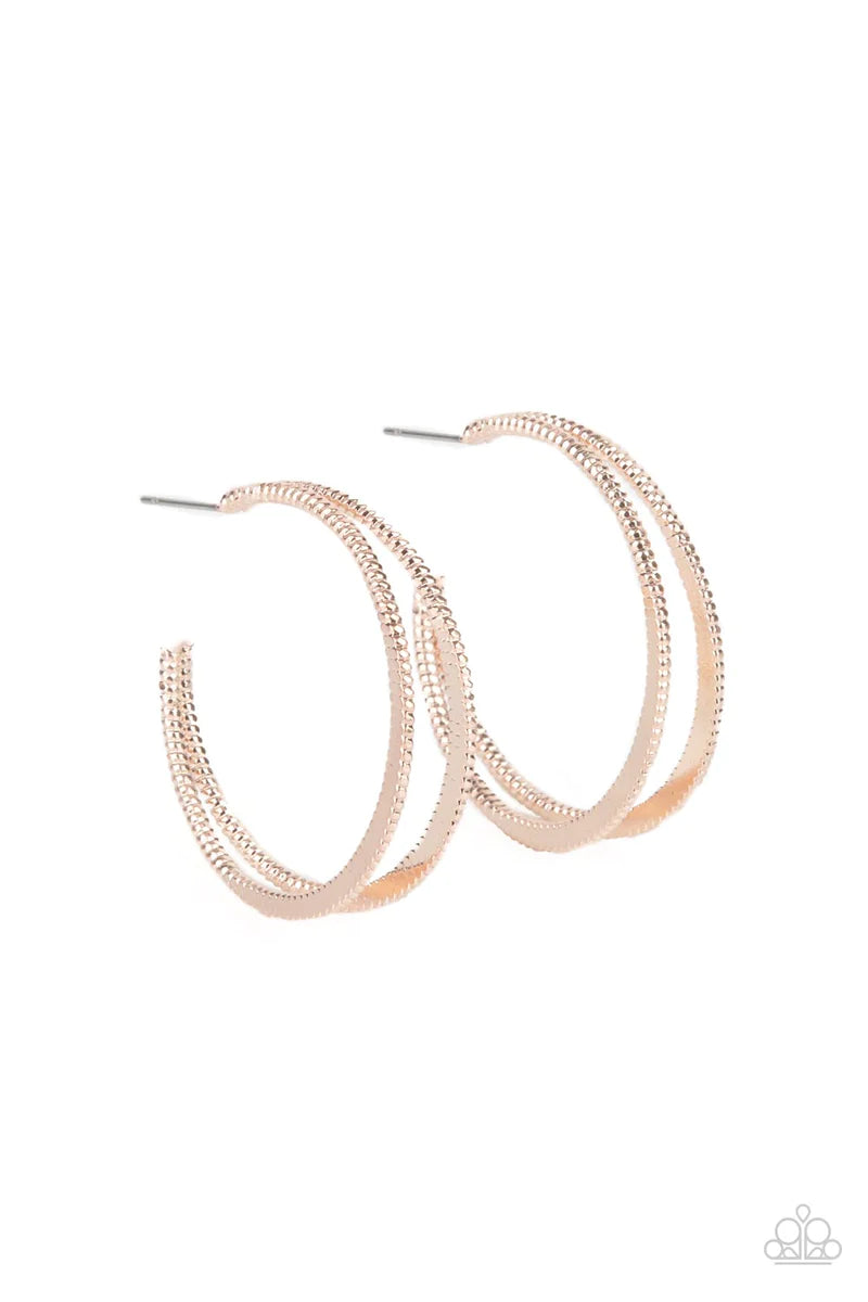 Paparazzi Accessories Rustic Curves - Rose Gold Featuring textured edges, two rose gold crescent frames delicately curve into a bold double hoop for an edgy urban look. Earring attaches to a standard post fitting. Hoop measures approximately 1 1/2" in dia
