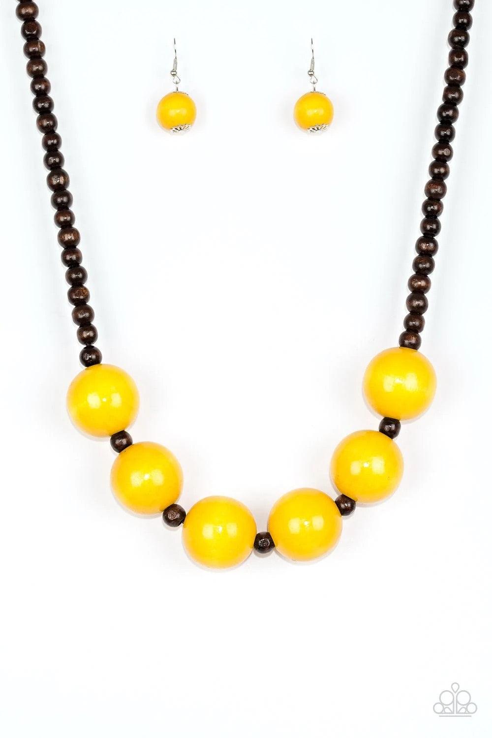 Paparazzi Accessories Oh My Miami - Yellow Brown wooden beads are threaded along shiny brown cording. Brushed in a vivacious finish, dramatic yellow wooden beads alternate below the collar for a bold summer look. Features a button loop closure. Sold as on