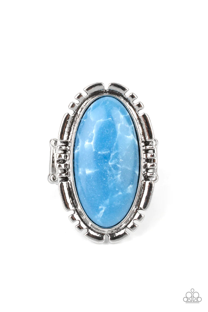 Paparazzi Accessories Peacefully Pioneer - Blue A refreshing blue oval stone is pressed into the center of a textured silver frame, creating an abstract artisanal display atop the finger. Features a stretchy band for a flexible fit. Sold as one individual