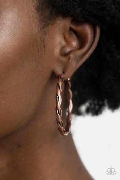 Paparazzi Accessories Don’t Get It Twisted - Brass Brushed in an antiqued shimmer, rustic copper bars delicately twist into a rustic hoop. Earring attaches to a standard post fitting. Hoop measures approximately 1 3/4" in diameter. Jewelry