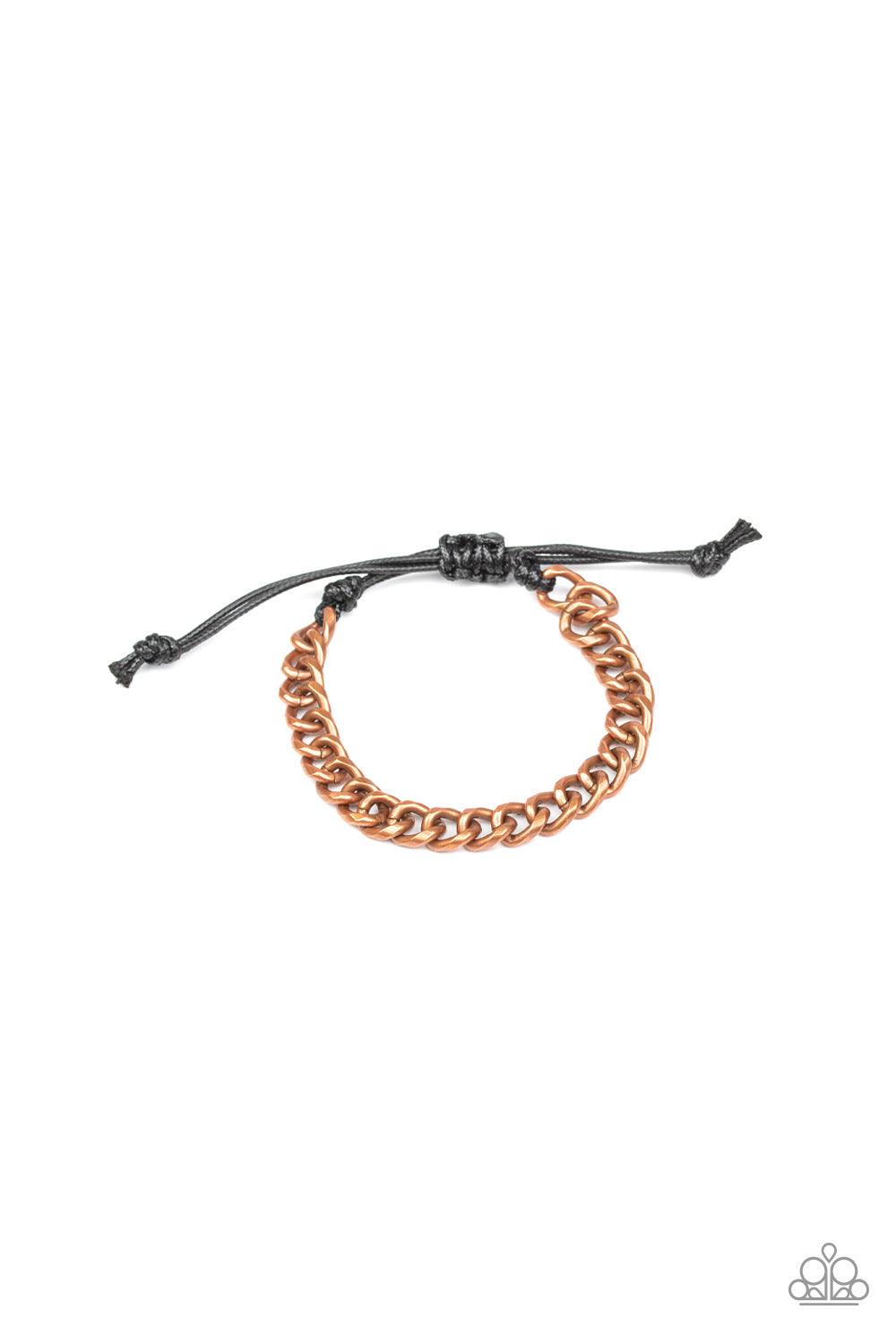 Paparazzi Accessories Goal! - Copper Shiny black cording knots around the ends of a copper beveled cable chain that is wrapped across the top of the wrist for a versatile look. Features an adjustable sliding knot closure. Jewelry