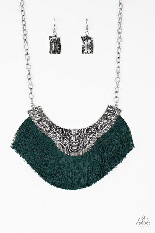 Paparazzi Accessories My PHARAOH Lady - Green Dotted in ornate detail, a scalloped silver plate gives way to a flirtatious green fringe, creating a royal statement piece below the collar. Features an adjustable clasp closure. Jewelry