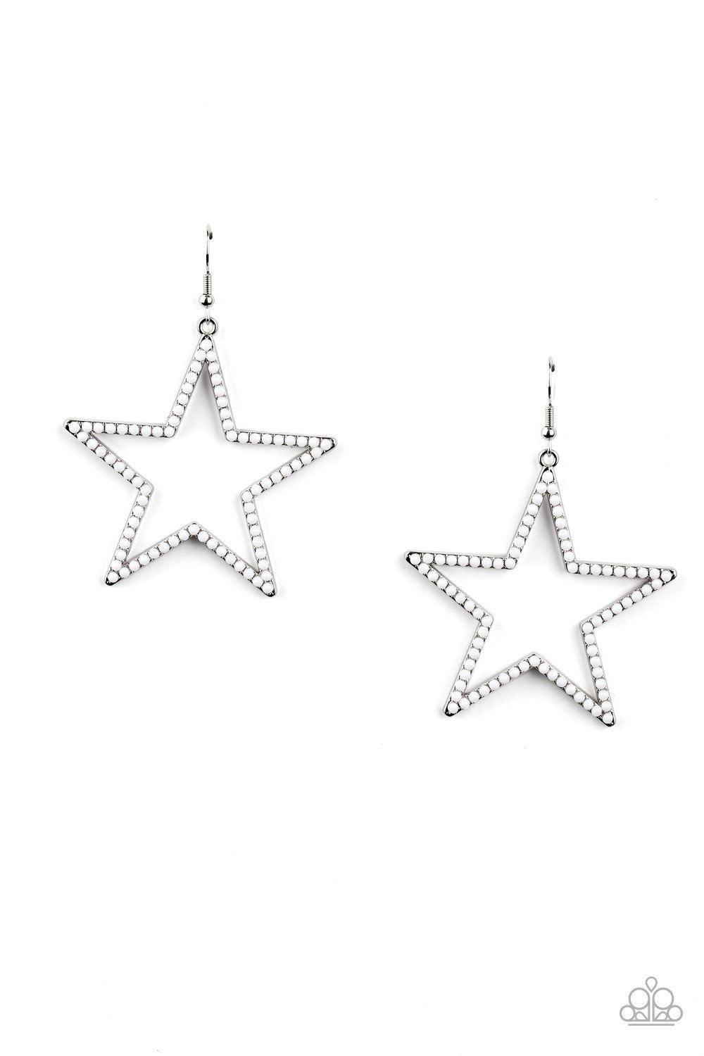 Paparazzi Accessories Count Your Stars - White Dotted in dainty white beads, an airy star frame swings from the ear for a patriotic style. Earring attaches to a standard fishhook fitting. Sold as one pair of earrings. Jewelry