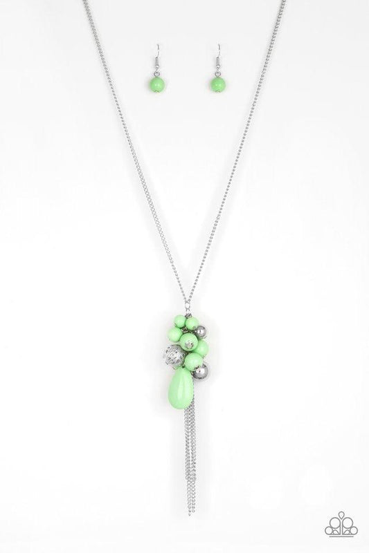 Paparazzi Accessories It’s A Celebration - Green A collection of minty green and silver beads create a colorful cluster at the bottom of a shimmery silver chain. Features an adjustable clasp closure. Sold as one individual necklace. Includes one pair of m