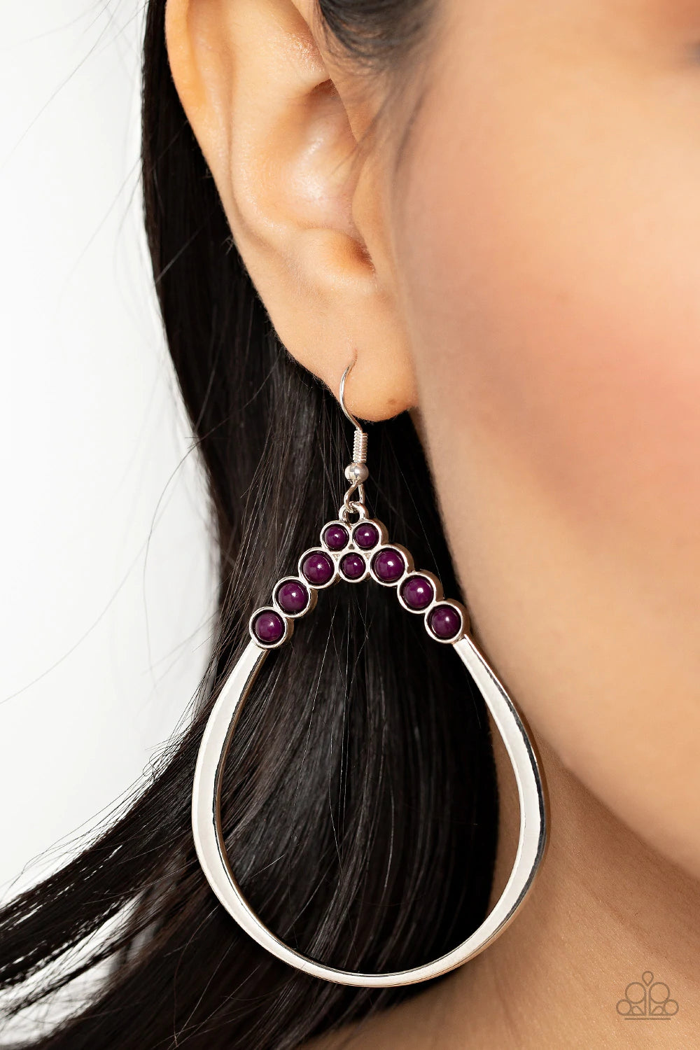 Paparazzi Accessories Festive Fervor - Purple The top of a shiny silver teardrop is dotted in dainty plum beads, adding a bubbly pop of color to the ear. Earring attaches to a standard fishhook fitting. Sold as one pair of earrings. Jewelry