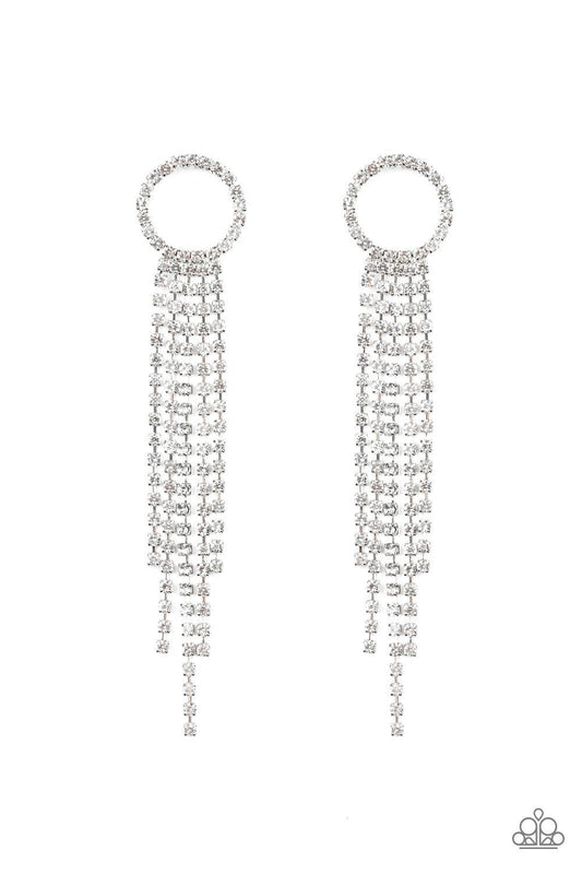 Paparazzi Accessories Endless Sheen - White Infused with sleek silver fittings, strands of glittery white rhinestones cascade from the bottom of a white rhinestone encrusted hoop, creating an elegantly tapered fringe. Earring attaches to a standard post f