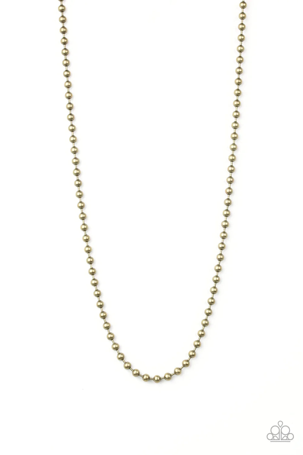 Paparazzi Accessories Mardi Gras Madness - Brass Brushed in an antiqued finish, a classic brass ball chain drapes across the chest for a casual look. Sold as one individual necklace. Necklaces