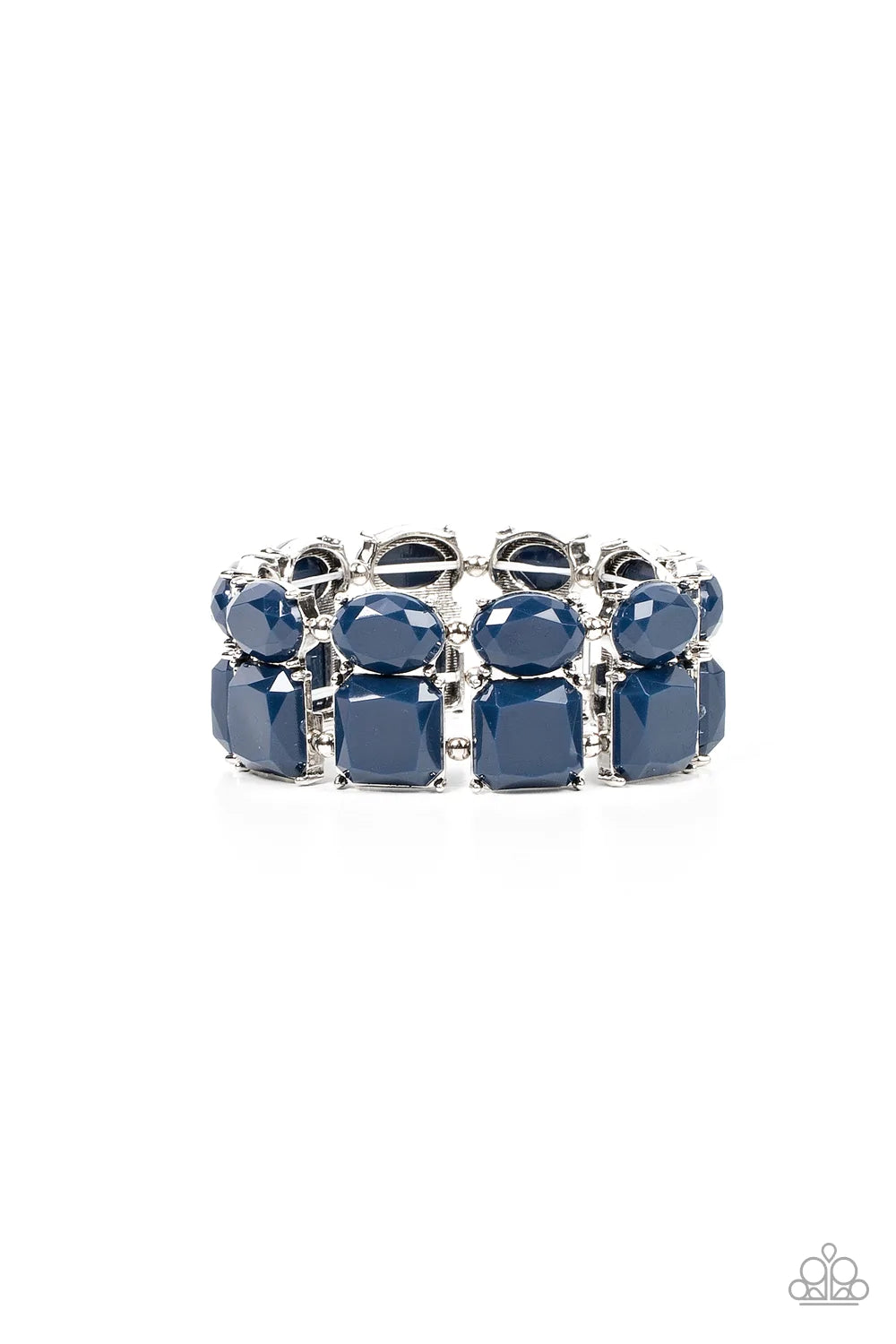 Paparazzi Accessories Don’t Forget Your Toga - Blue Separated by pairs of dainty silver beads, faceted stacks of oval and square cut blue beads are threaded along a stretchy band around the wrist for a refreshing pop of color. Sold as one individual brace