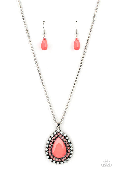 Paparazzi Accessories DROPLET Like It’s Hot - Multi A faceted pink teardrop is pressed into the center of a silver frame bordered in rows of opalescent white and pink beads, creating an ethereal pendant at the bottom of a classic silver chain. Features an