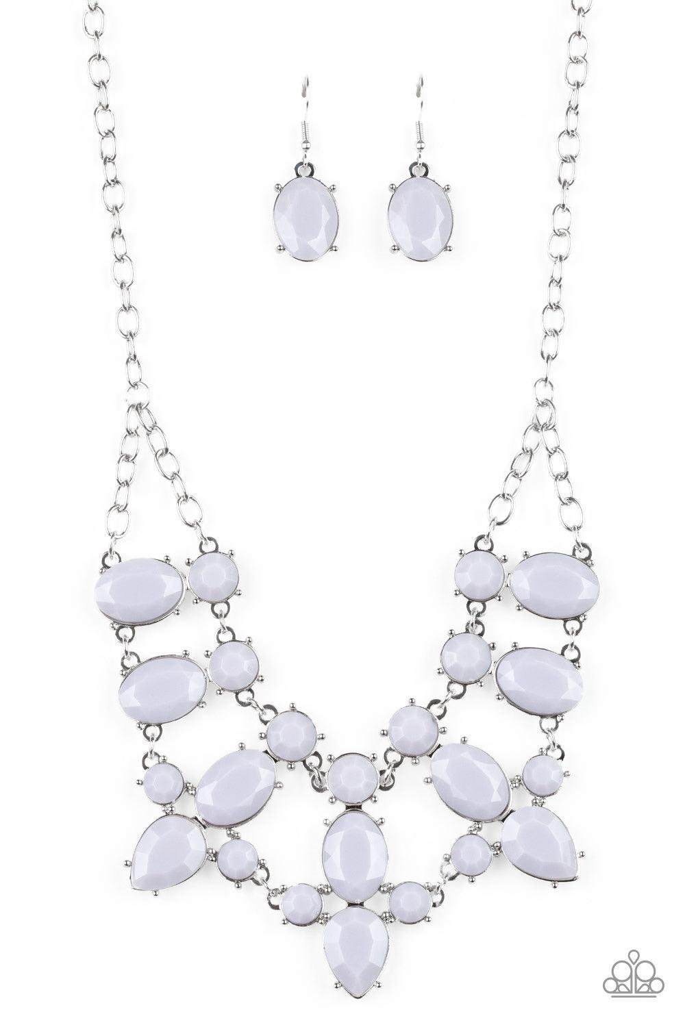 Paparazzi Accessories Goddess Glow - Silver A collision of round, oval, and teardrop gray beaded frames delicately connect below the collar for a glamorous look. Features an adjustable clasp closure. Jewelry