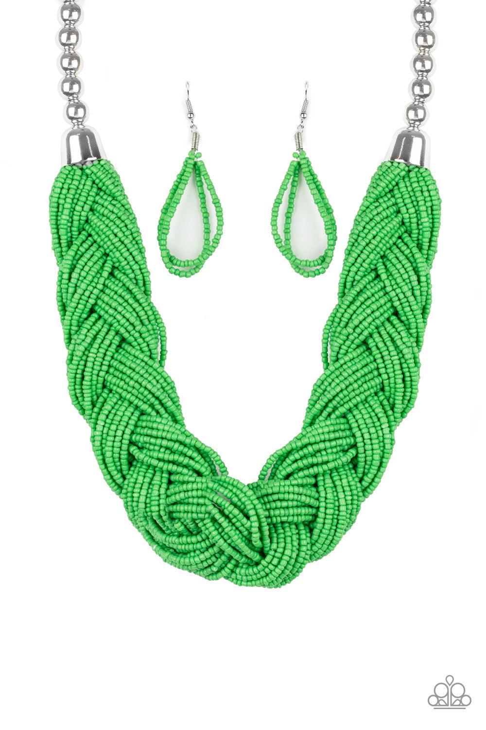 Paparazzi Accessories The Great Outback - Green Brushed in an energetic green hue, countless seed beads weave into an indigenous braid below the collar. The colorful strands attach to large silver beads, adding a hint of metallic shimmer to the playful de