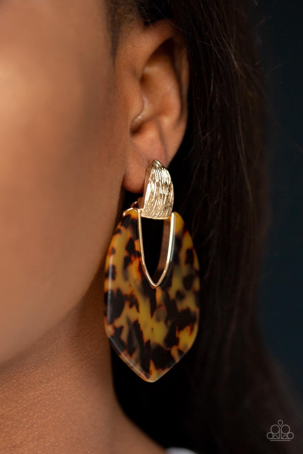 Paparazzi Accessories My Animal Spirit - Gold Brushed in a faux marble finish, a speckled acrylic frame swings from the bottom of a gold fitting radiating with shimmery detail for a retro look. Earring attaches to a standard post fitting. Jewelry